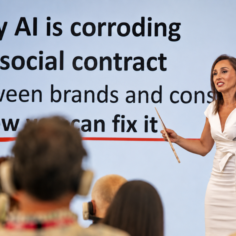 Livia Bernardini hosting the AI + Innovation Stage at MAD//Fest, presenting to an audience wearing silent-conference headphones