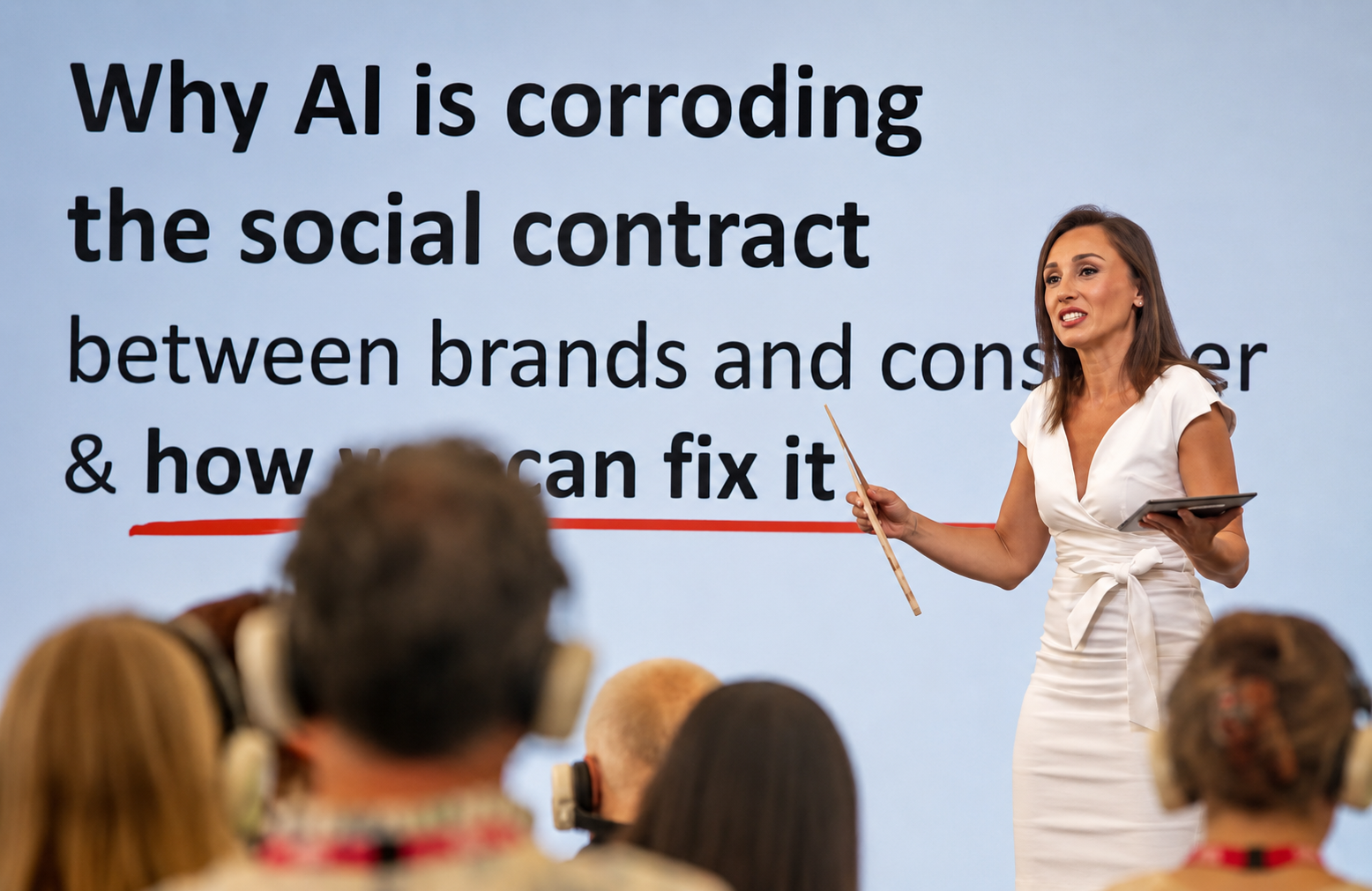 Livia Bernardini hosting the AI + Innovation Stage at MAD//Fest, presenting to an audience wearing silent-conference headphones
